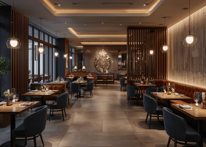 Interior view of modern restaurant dining area with pendant lighting in Al Zahia, Sharjah